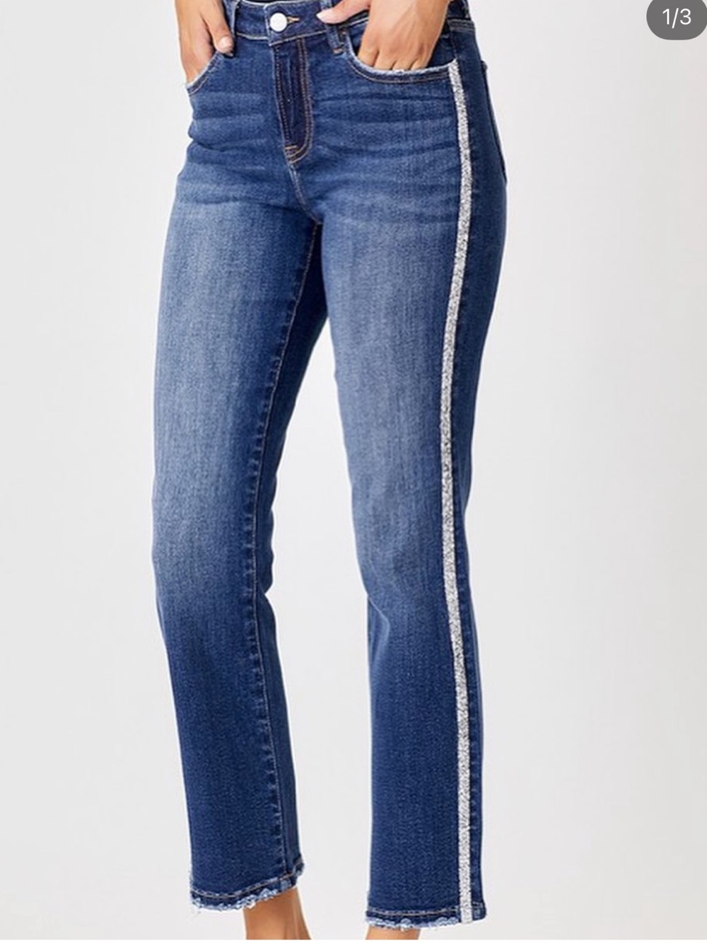 Women’s Risen Jeans with a Rhinestone Tuxedo Stripe